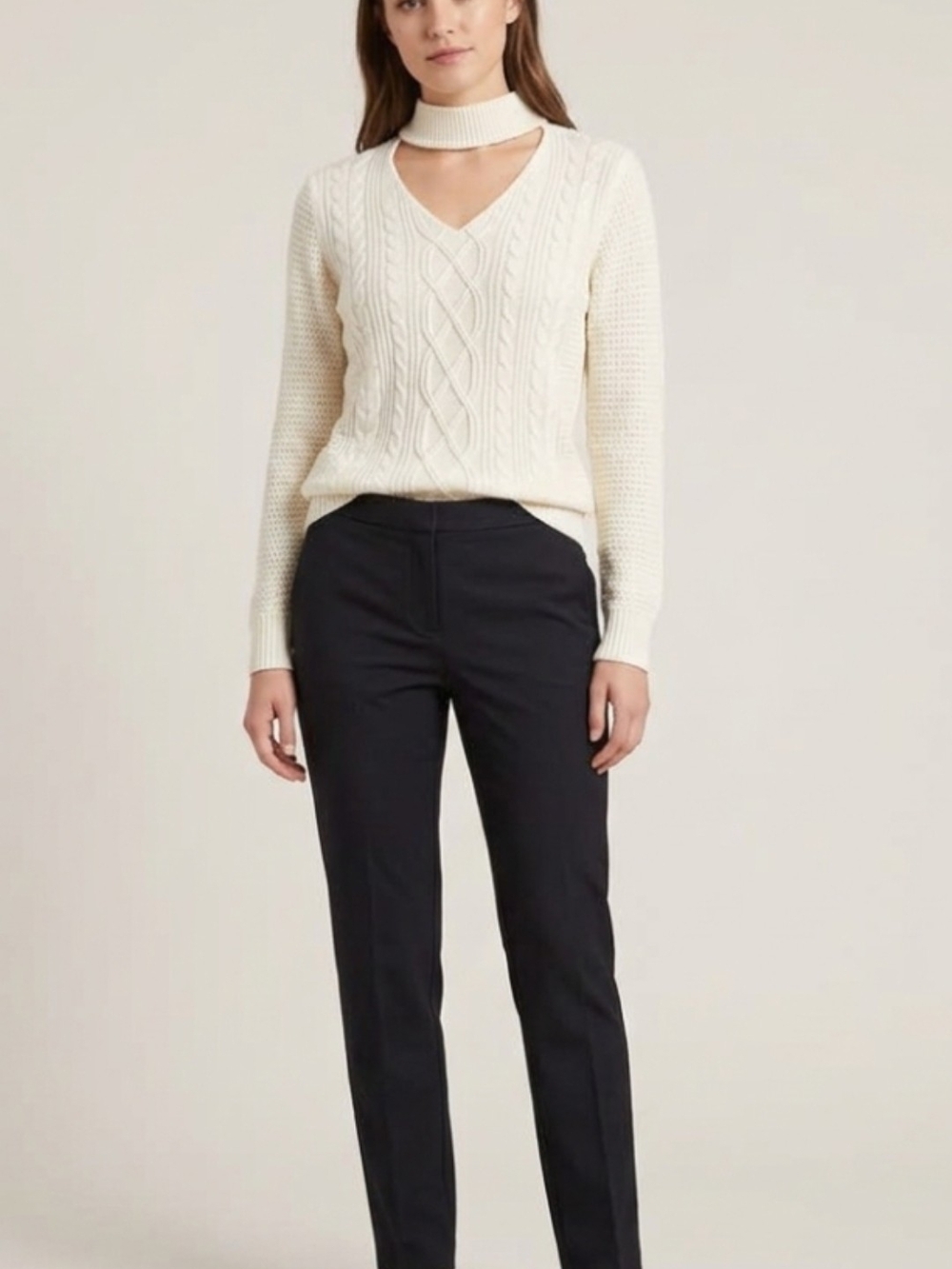 Lily Morgan Cream Cable Knit Sweater Cutout Choker V-Neck Size XL-L